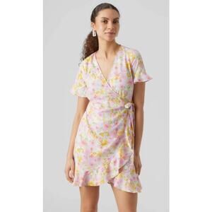 Vero Moda Medium Henna Wrap Frill Mini Dress Birch Pink Floral Tie Waist V Neck